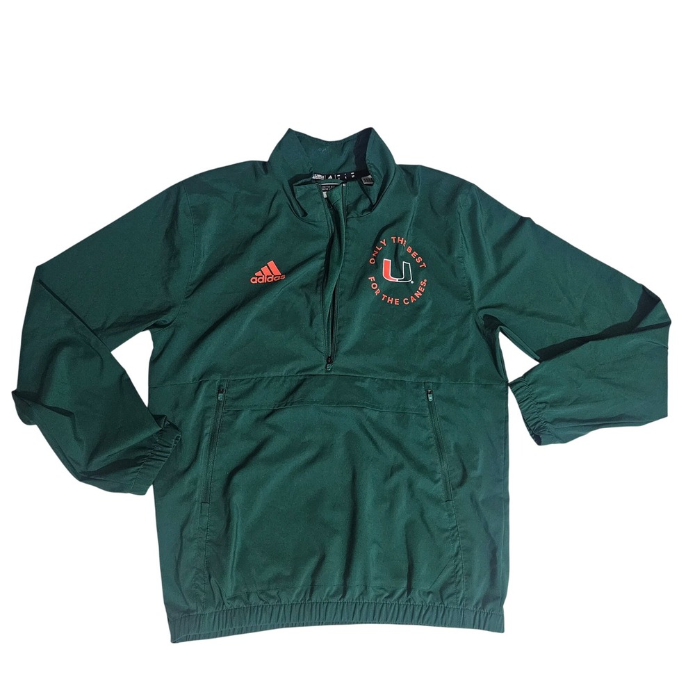 Adidas Mens Small Miami Hurricanes Quarter Zip Windbreaker Green HN3194